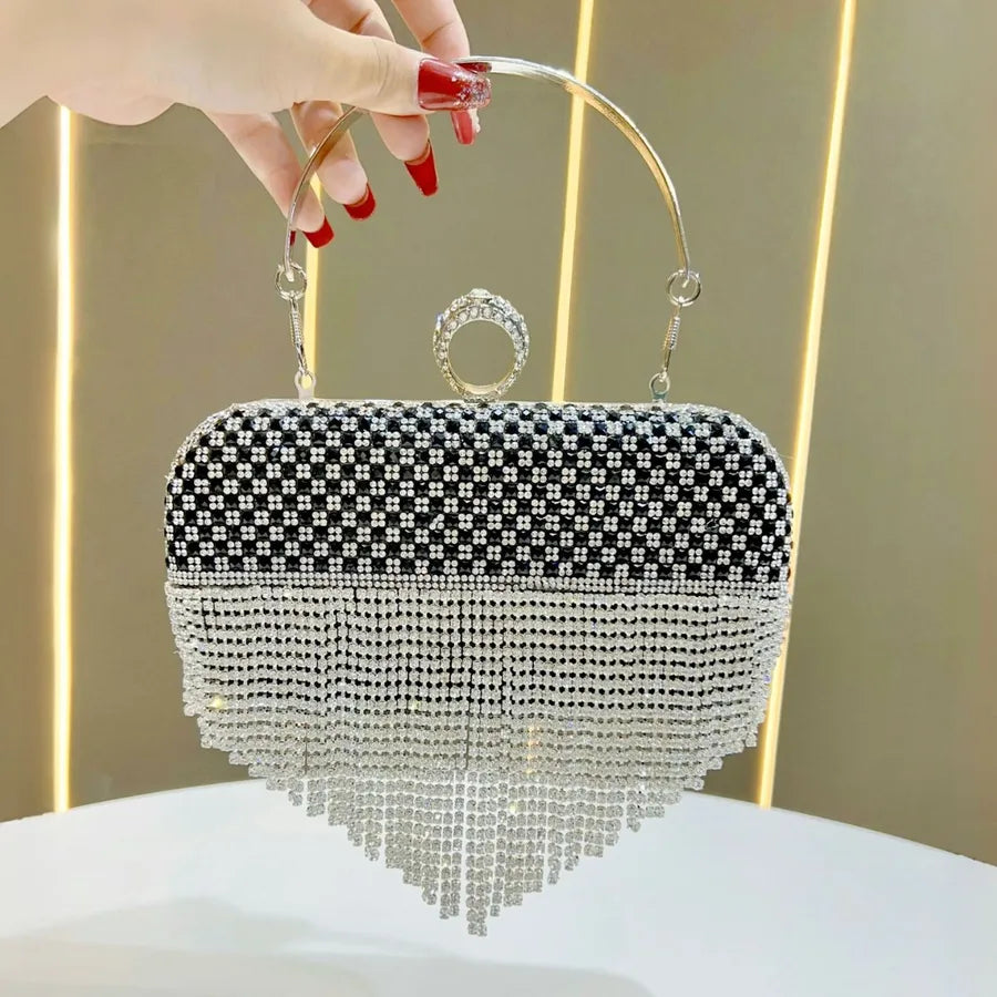 Fashionable Full Diamond Evening Clutch Bag Tassel Embellished Party Dress Wedding Gown Complement Square Polyester Bag