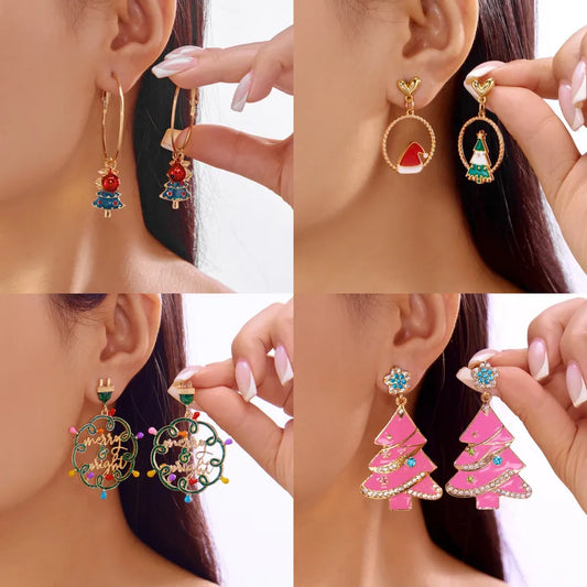 Christmas Elements Pendant Diamond Embedded Bell Shaped Irregular Christmas Themed Hoop Earrings Unisex Alloy Jewelry