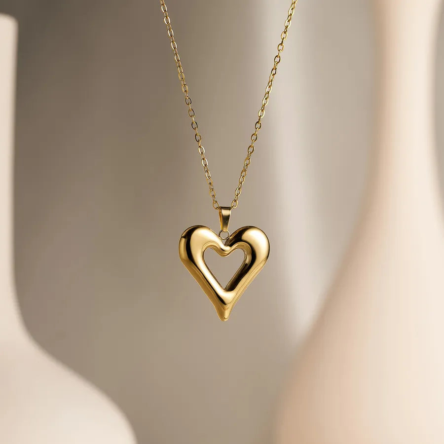 Wholesale Jewelry IG Style Cute French Style Heart Shape Bow Knot 304 Stainless Steel 18K Gold Plated O-shaped chain Pendant Necklace