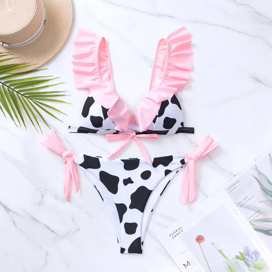 women's cow pattern printing ruffles 2 piece set bikinis