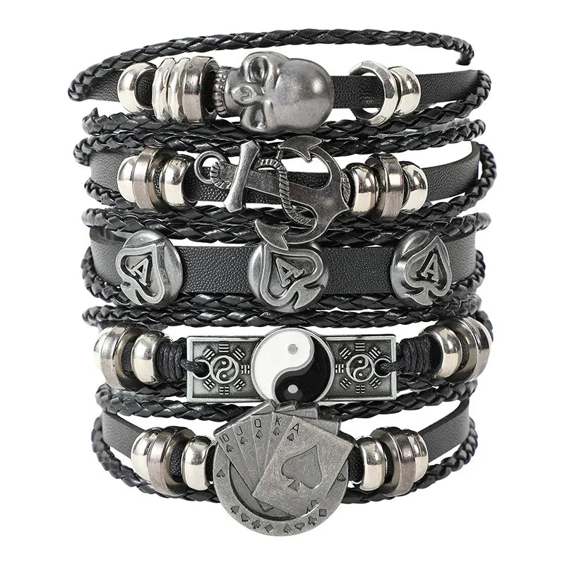 Vintage Style Gossip Skull Pu Leather Alloy Woven Chain Wrap Bracelets Wholesale