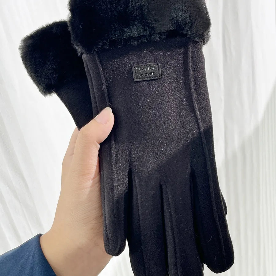 Gloves Women's Winter Velvet Thickened Warm Cute Touch Screen De Velvet Fall/Winter Electric Car Cold-proof Riding Gloves
