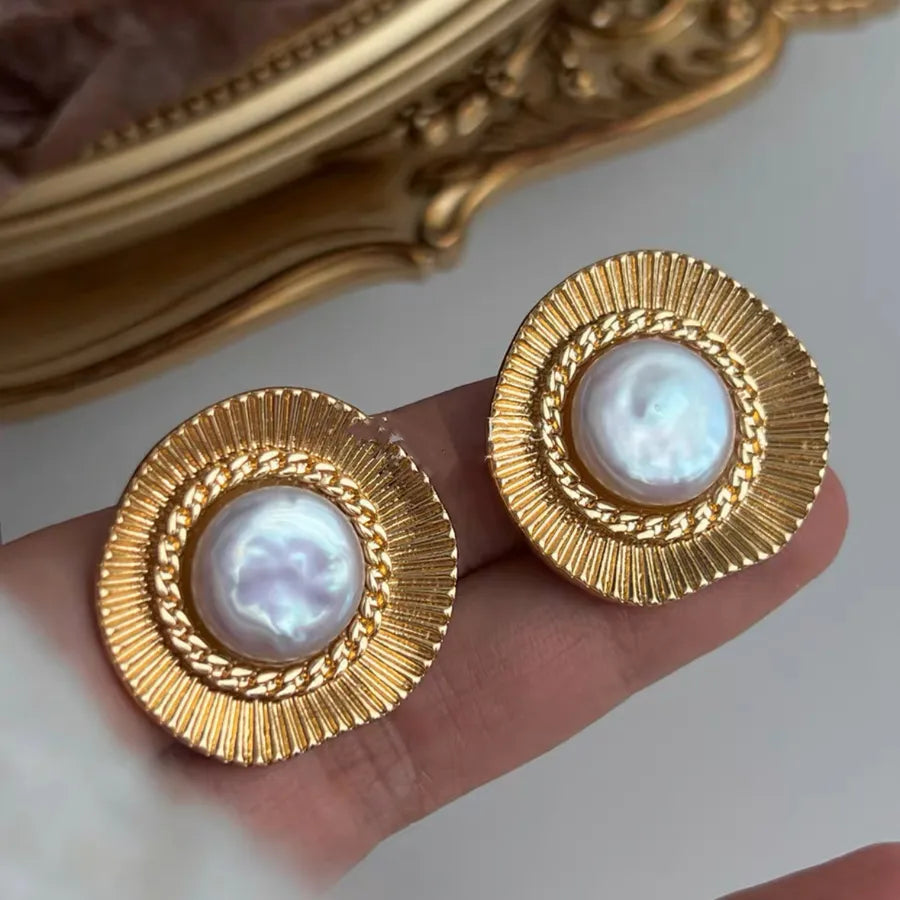 1 pair retro geometric plating inlay brass freshwater pearl ear studs