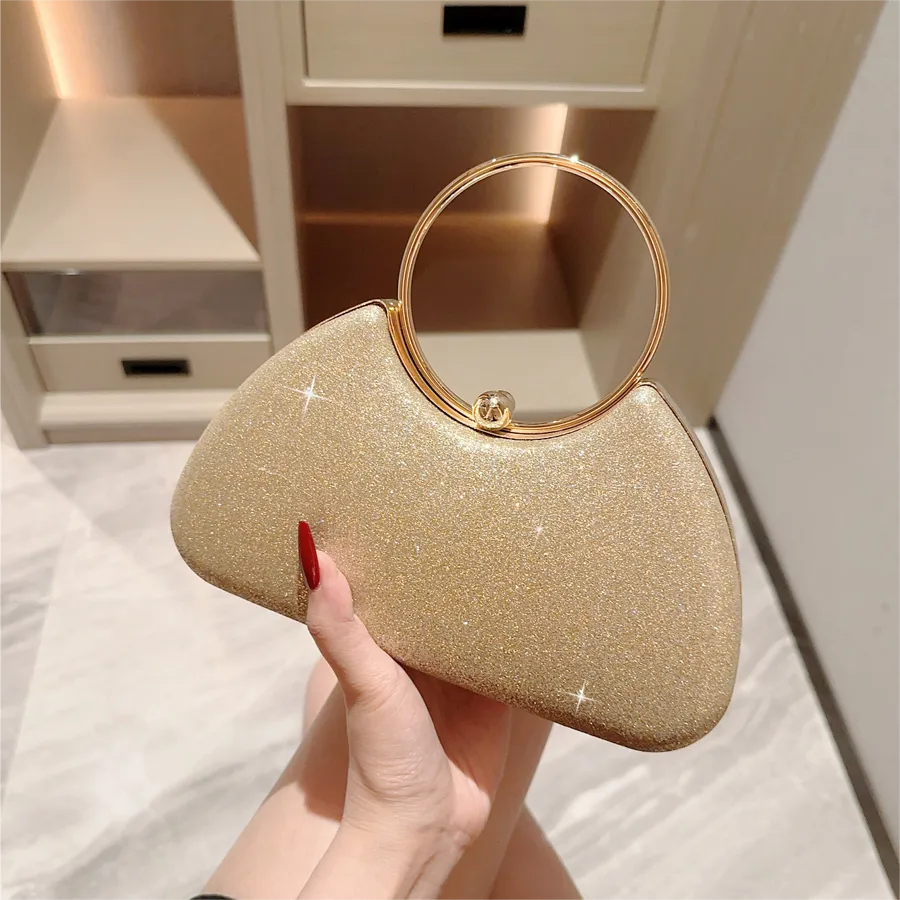 Gold Glitter Solid Color Chain Square Evening Bags