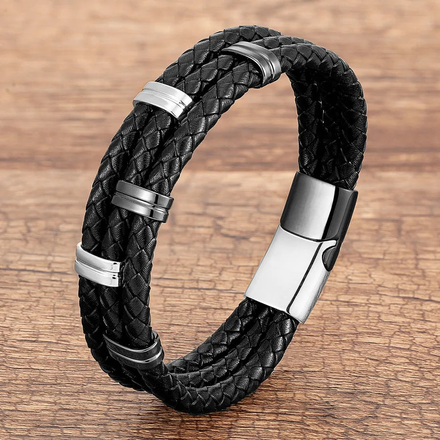 punk streetwear rectangle stainless steel pu leather men's bracelets