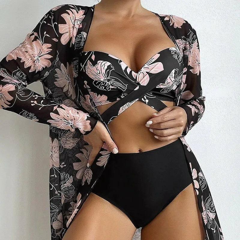 Women's Simple Style Ditsy Floral 3 Pieces Set Bikinis Swimwear