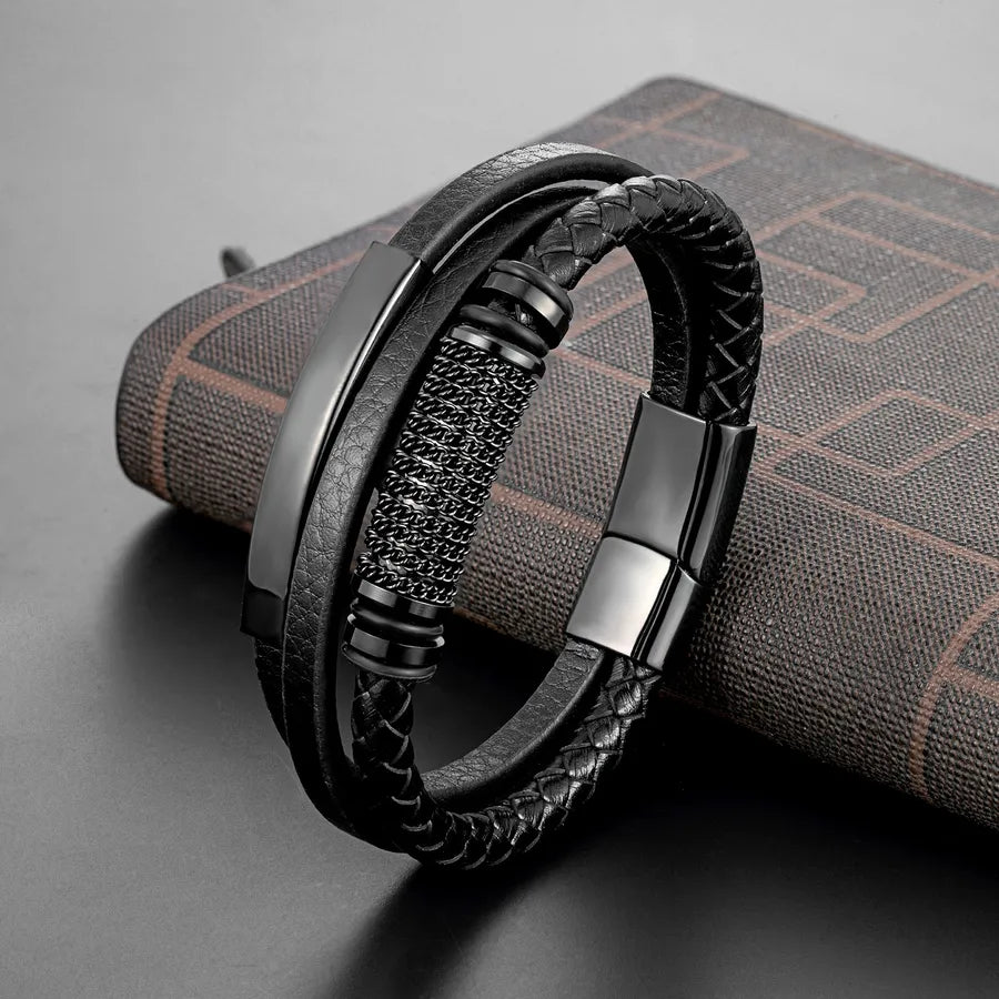 Retro Punk Geometric 316L Stainless Steel Leather Plating Men's wristband Men Cord & Leather Bracelets