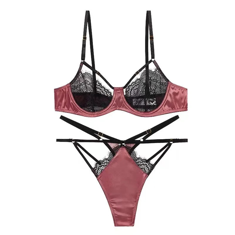 sexy underwear women's thin lace big chest small bra suit with steel ring gathered half Cup