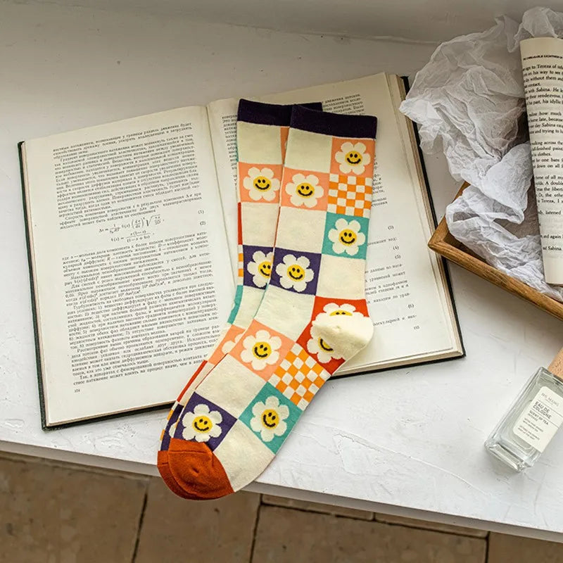 جوارب نسائية بنمط بريبي كاروهات من القطن بياقة دائرية - زوج واحد (طقم واحد)