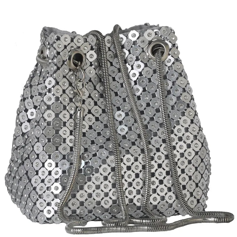 Black Gold Silver Diamond Solid Color Bucket Evening Bags
