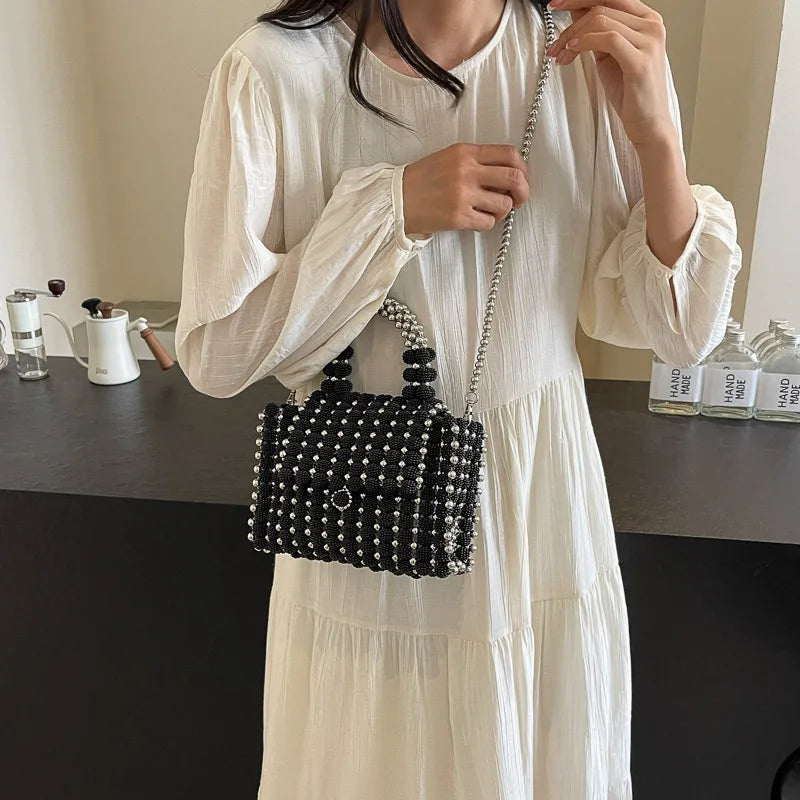 Black Arylic Solid Color Beading Weave Square Evening Bags