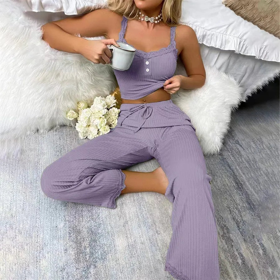 New Multicolor Lace Sling Trousers Two-piece Set Women's Home Clothes pajamas