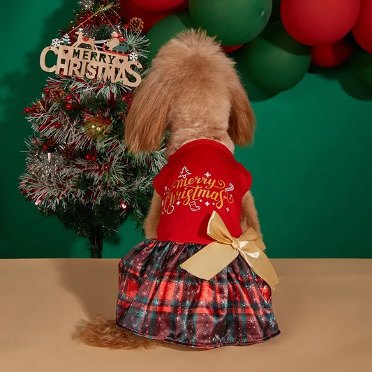 Christmas Print Butterfly Bowknot Ribbon Dress Princess Style Dog Skirt Teddy Costume Pet Clothes Hot Sale
