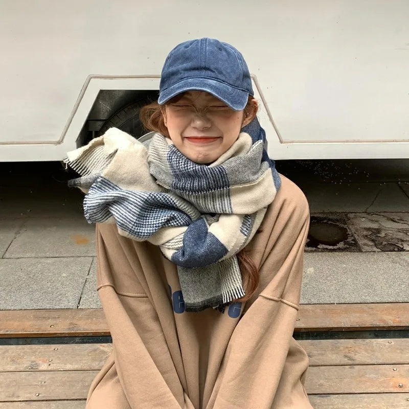 women's casual streetwear korean style plaid imitation cashmere scarf