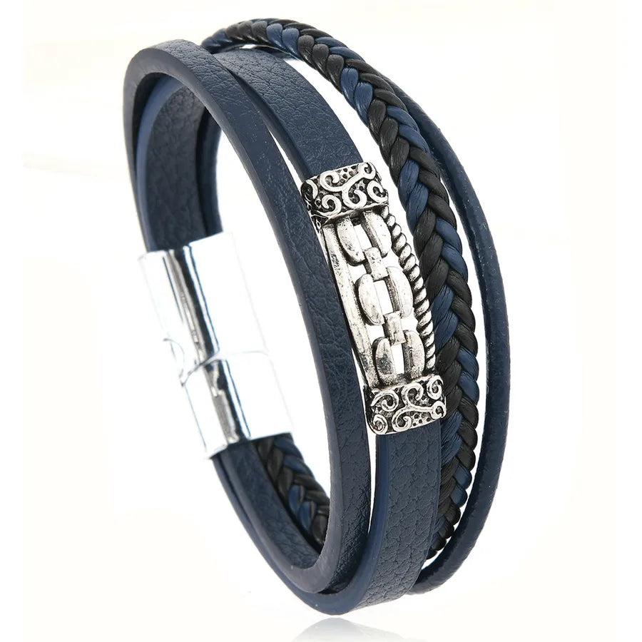 Retro Solid Color Pu Leather Alloy Men's Bracelets Men Cord & Leather Bracelets