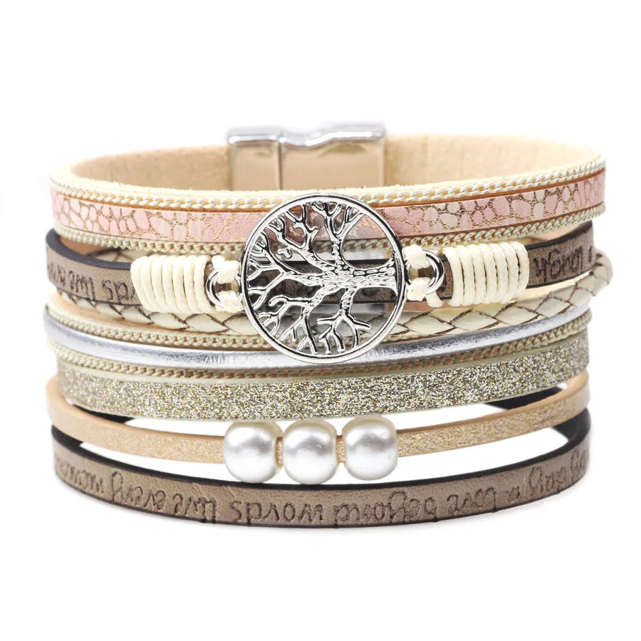 fashion hollow tree of life embossed letters pearl bracelet wholesale