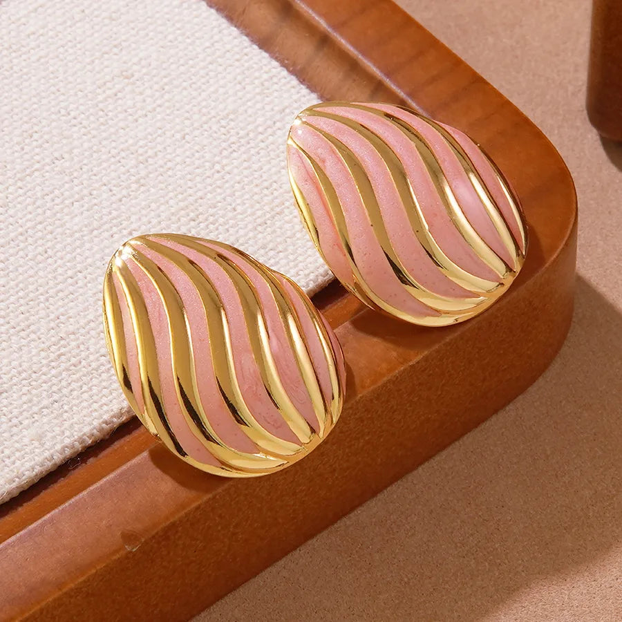 1 Pair Casual Cute Vacation Stripe Oval Enamel 304 Stainless Steel Imitation Gold Ear Studs
