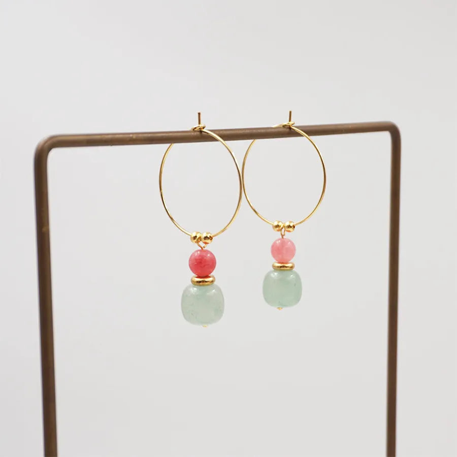 1 Pair Chinoiserie Vintage Style Lady Geometric natural stone Copper Gold Plated Drop Earrings