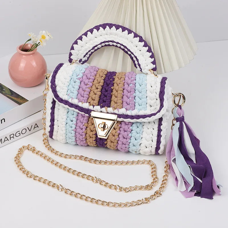 INS Internet Celebrity Hot Selling Hand Crocheted Women's Bag, Contrast Color Cloth Stripe Woven Crossbody Bag, Rainbow Color Shoulder