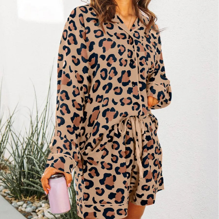 Home Women's Casual Elegant Lady Leopard Polyester Milk Fiber Shorts Sets Pajama Sets