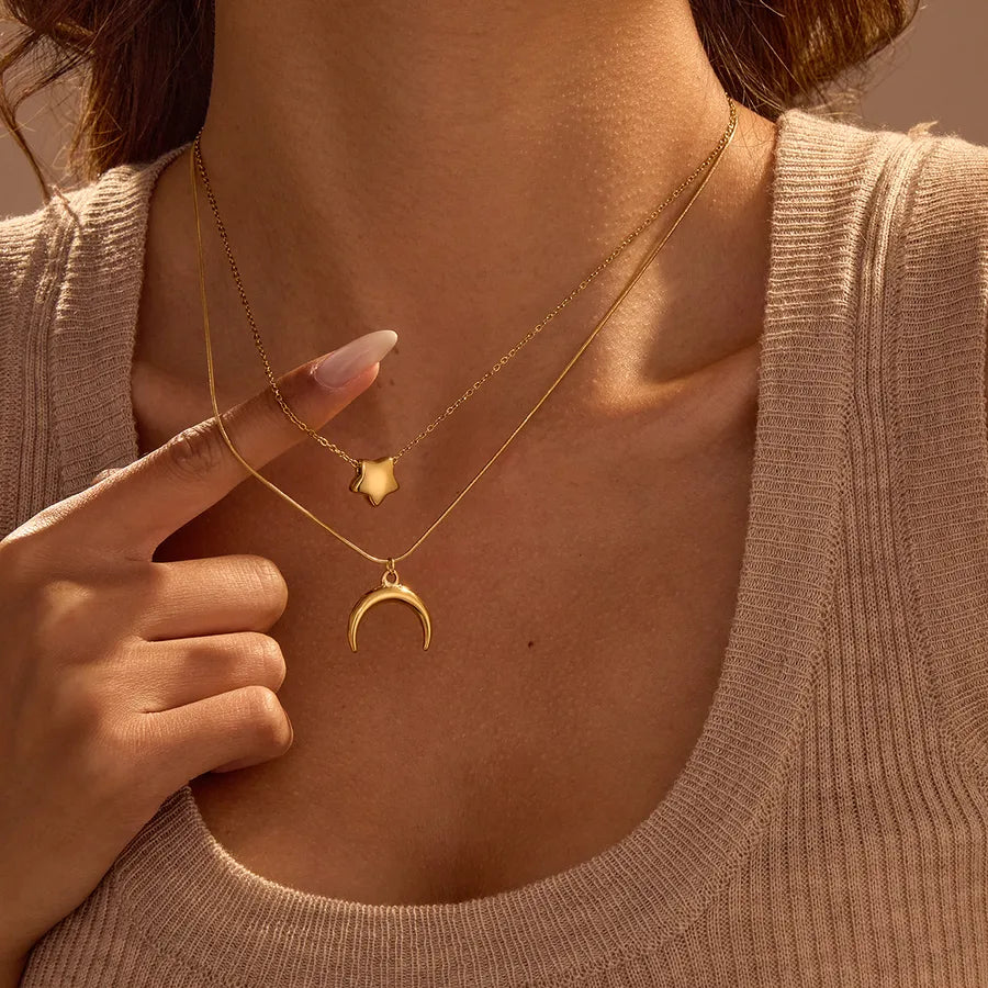 Wholesale Jewelry Modern Style Simple Style Star Moon 304 Stainless Steel Double Layer Necklaces