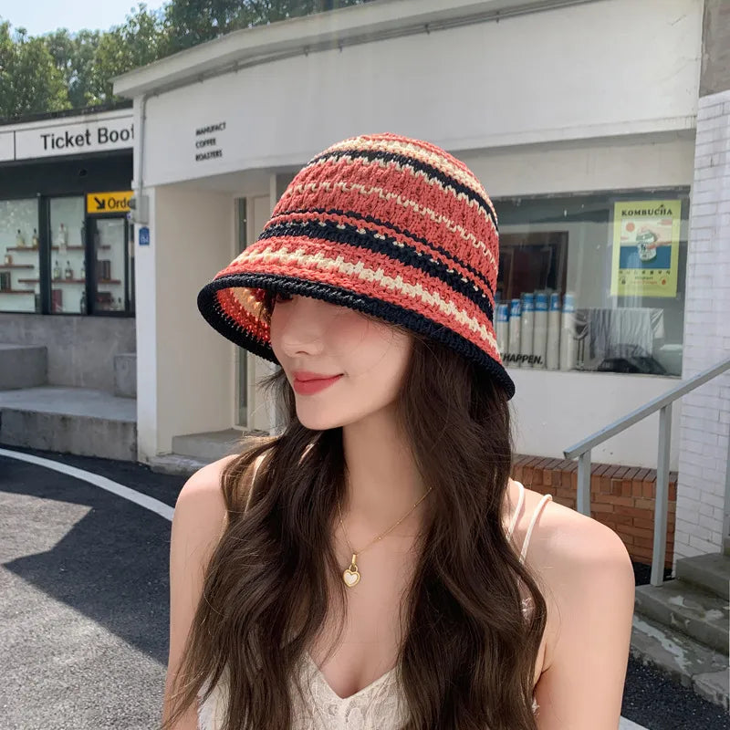 Women's Elegant Stripe Hollow Out Eaveless Bucket Hat