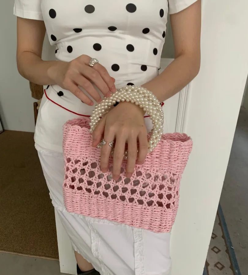 Chopped Straw Women's Woven Bag Hollow Portable Women's Bag Spring and Summer Niche Woven Bag New Fabric Straw Woven Bag Woven Bag Foreign Trade Hot Sale
