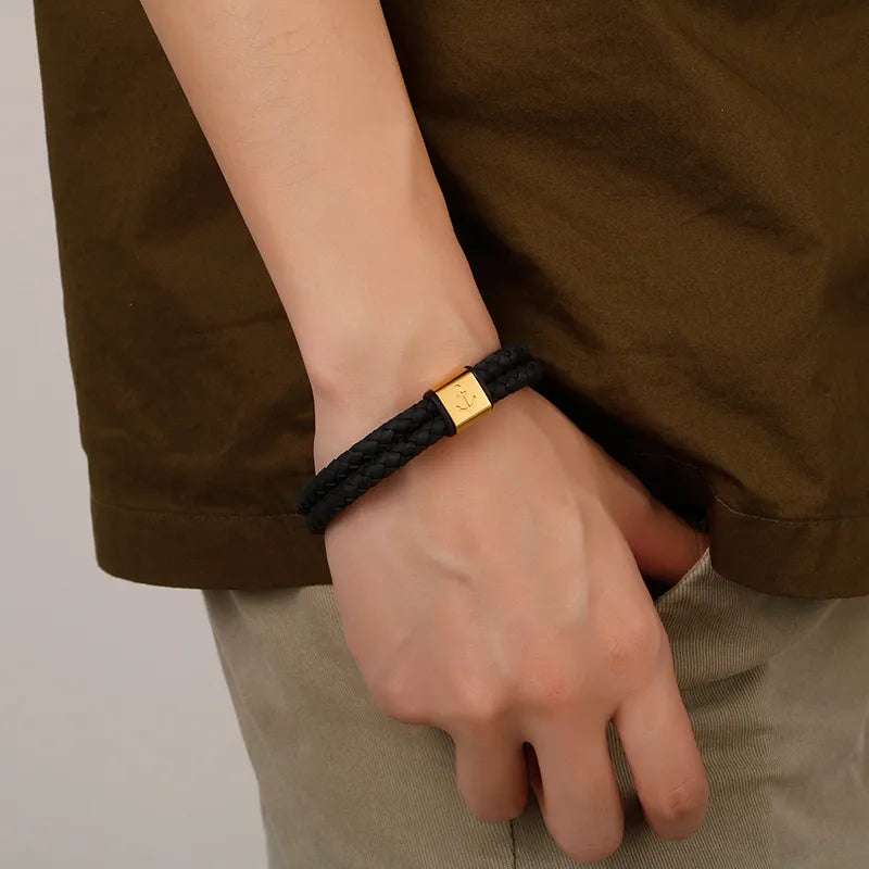 Simple Style Geometric Anchor Cowhide Titanium Steel Plating 18K Gold Plated Men's Bangle