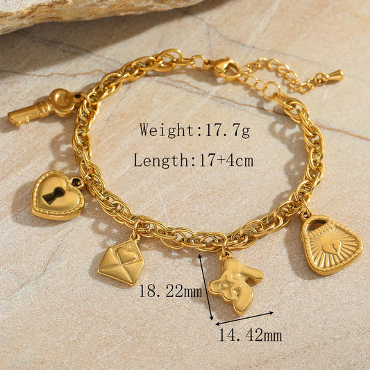 Casual Elegant Cute Geometric Heart Shape 304 Stainless Steel 18K Gold Plated Zircon cable chain Multi Charms Bracelet In Bulk