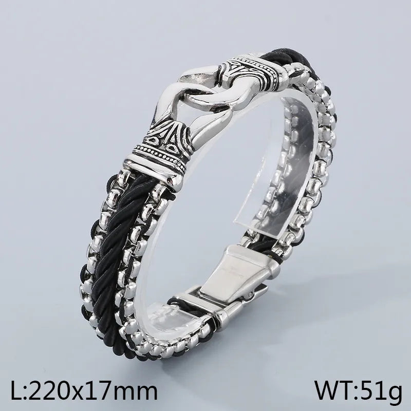 Business Simple Style Totem 304 Stainless Steel Leather 18K Gold Plated Men's Bangle