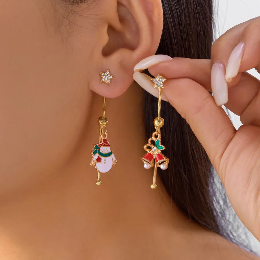 Adjustable Asymmetric Christmas Cartoon Character Dangle Earrings Fashionable Resin Studs For Women With Bell And Tassel