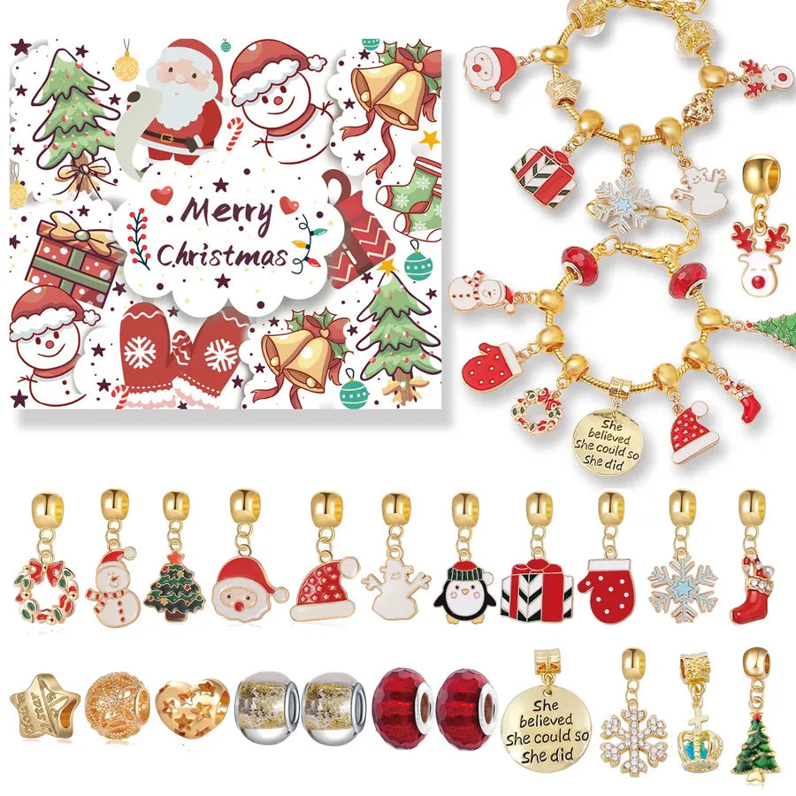 Christmas Themed Bead Bracelet Necklace Set Countdown Calendar Accessories DIY Original Design Alloy Santa Snowman Deer Gifts
