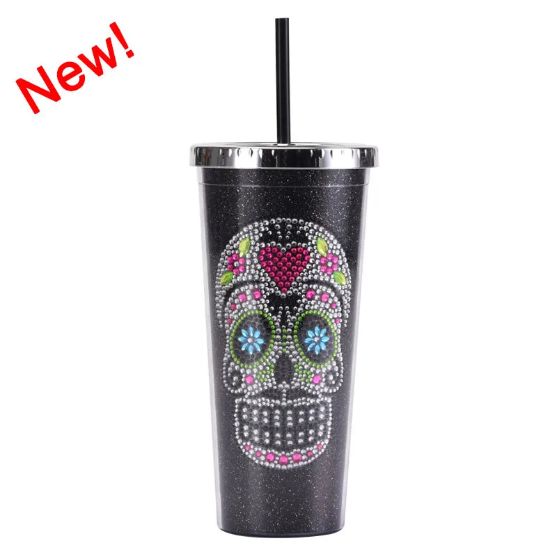 new double-layer plastic straw cup creative halloween skull head large capacity drink cup