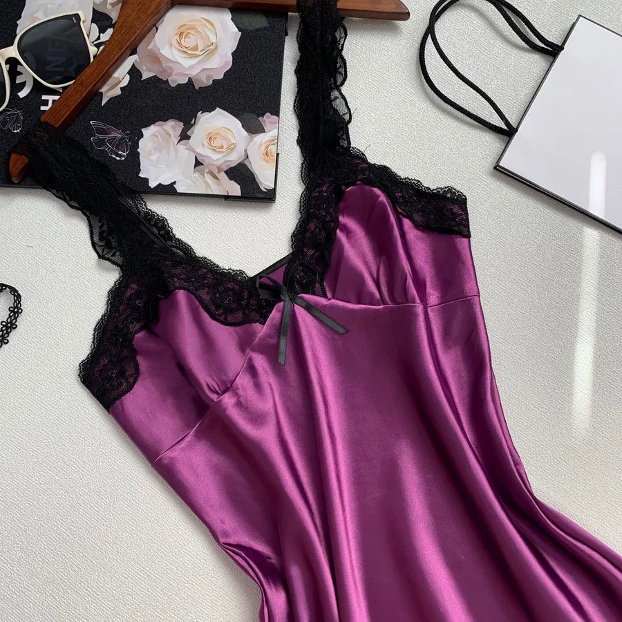 Summer silk-like Ladies sling nightgown sexy V-neck spinning satin pajamas home clothes wholesale agent