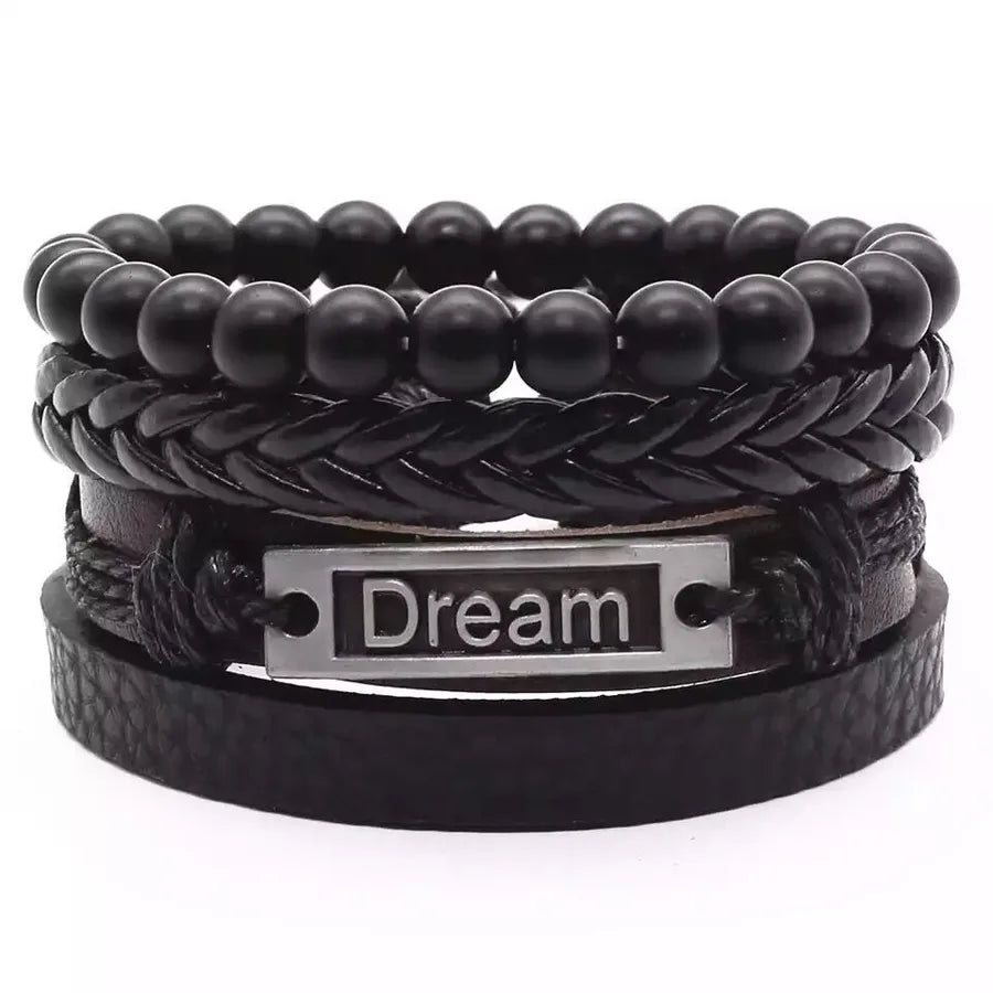 Exclusive for Four-Piece Card Woven Bracelet Leather Bracelet Multi-Layer Suit Electroplated Black Retro Ornament Men's