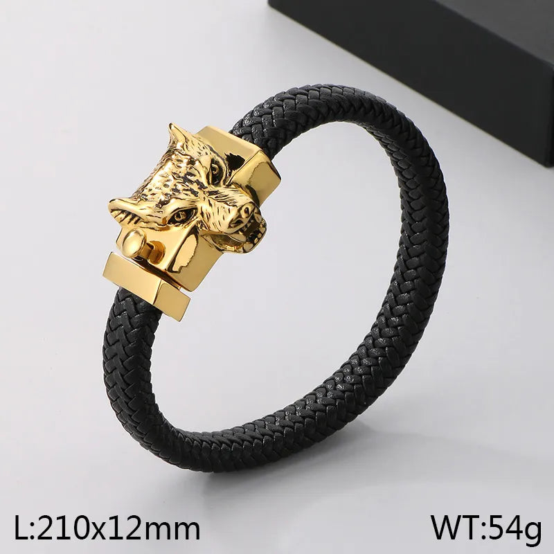 Business Retro Wolf Head 304 Stainless Steel 18K Gold Plated Men's Bracelets
