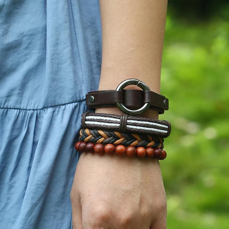 fashion geometric pu leather wooden beads hemp rope set bracelet braid men's bracelets