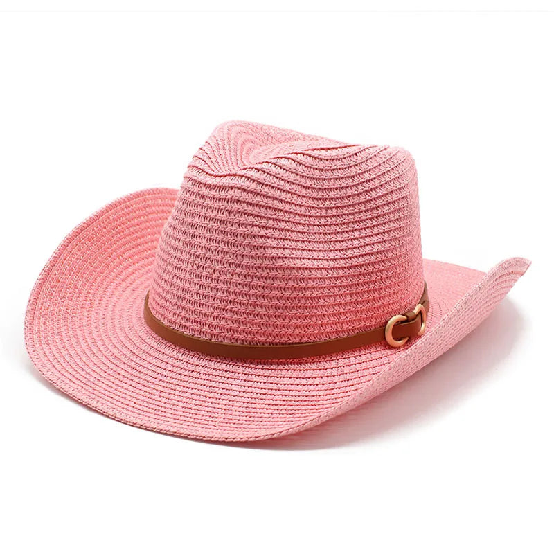 women's cowboy style solid color flat eaves straw hat