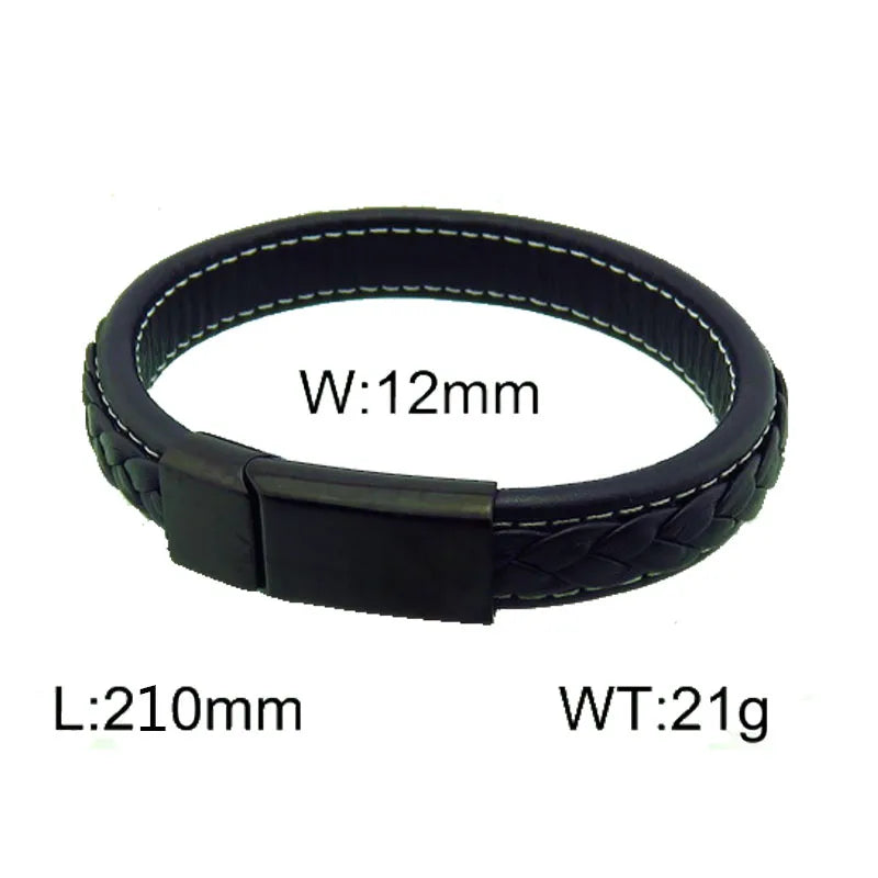 Hip-Hop Retro Color Block Pu Leather Titanium Steel Braid 18K Gold Plated Men's Bangle