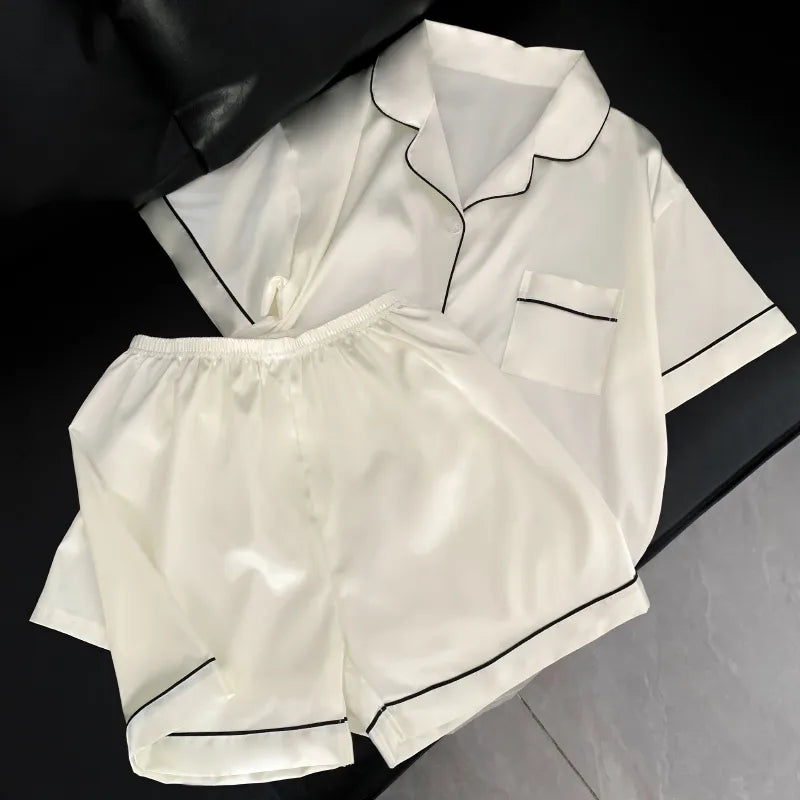 Home Women's Casual Solid Color Satin Shorts Sets Pajama Sets