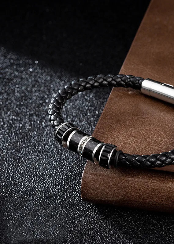 Shijia Leather Rope Bracelet for Boys Japanese and Korean Fashion Black Transfer Bead Woven Bracelet Titanium Steel Leather Rope Bracelet for Men