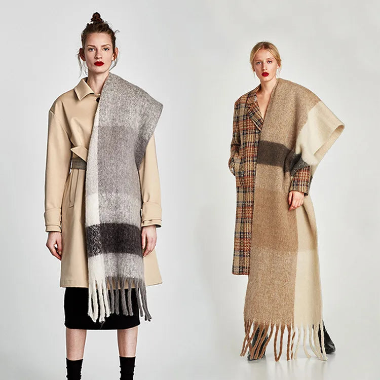 women's fashion color block imitation cashmere tassel winter scarves