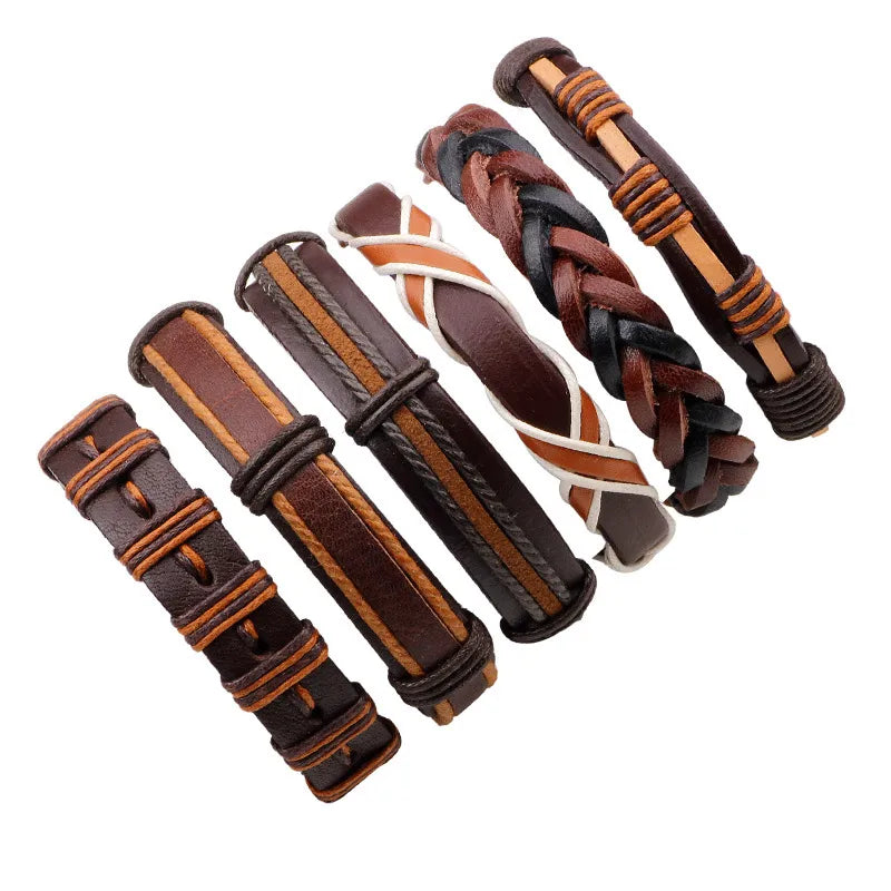 Korean Simple Retro Suit Bracelet Six-Piece Genuine Leather Bracelet Men's Weaving Bracelet Punk Bracelet