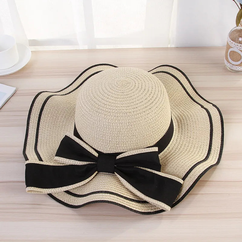 women's elegant pastoral simple style waves bowknot big eaves straw hat