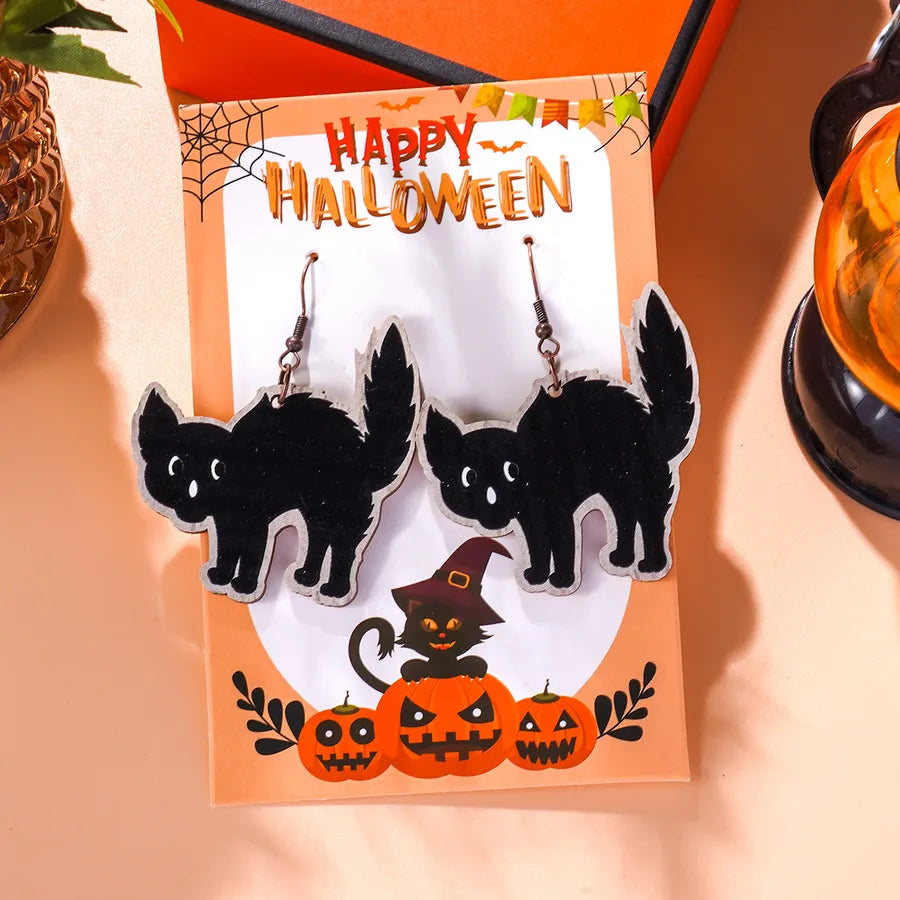 Creative Halloween Theme Wooden Pumpkin Spider Cat Earrings Quirky Cartoon Style Women's Simple Design Dangle Stud Earrings