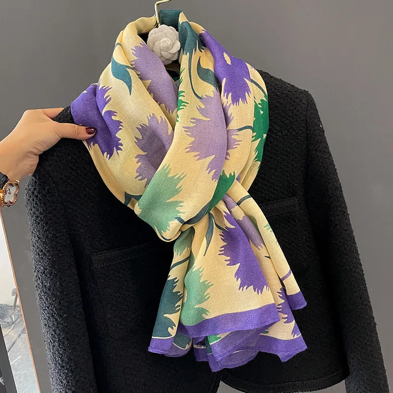 women's elegant sweet flower cotton and linen printing silk scarf