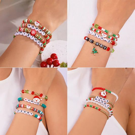 Handmade Christmas Themed Beaded Bracelet Set For Women Soft Clay Snowflake Letter Bracelets Style