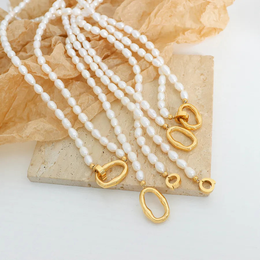 elegant baroque style oval freshwater pearl titanium steel plating 18k gold plated necklace