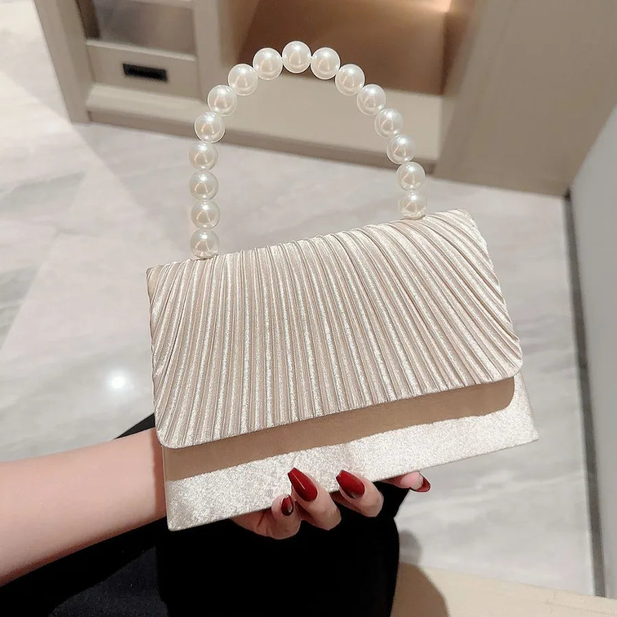 New satin evening bag pearl string handbag dress evening bag elegant pleated flap bag socialite small square bag