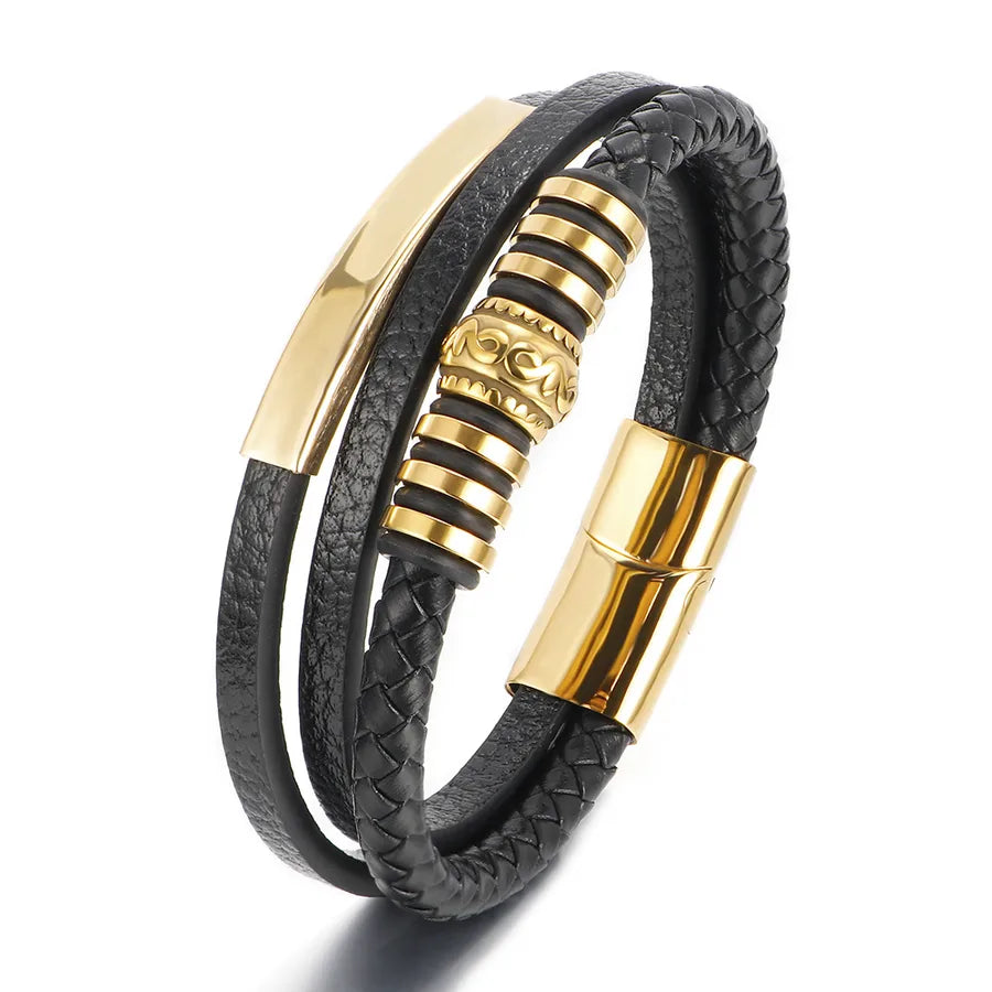 stainless steel vintage leather woven bracelet men's titanium steel magnet buckle multi-layer woven bracelet jewelry wholesale